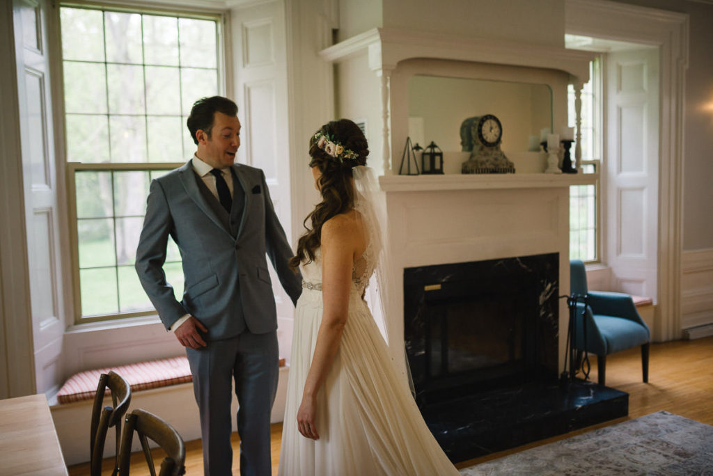 bride and groom first look