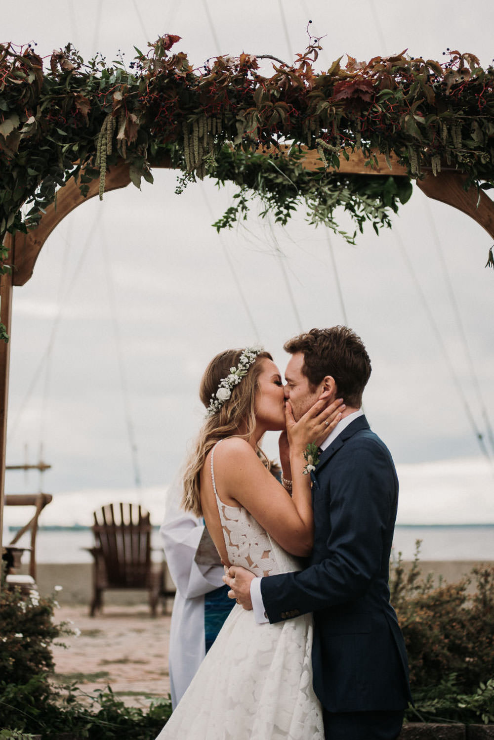 bride and grooms first kiss