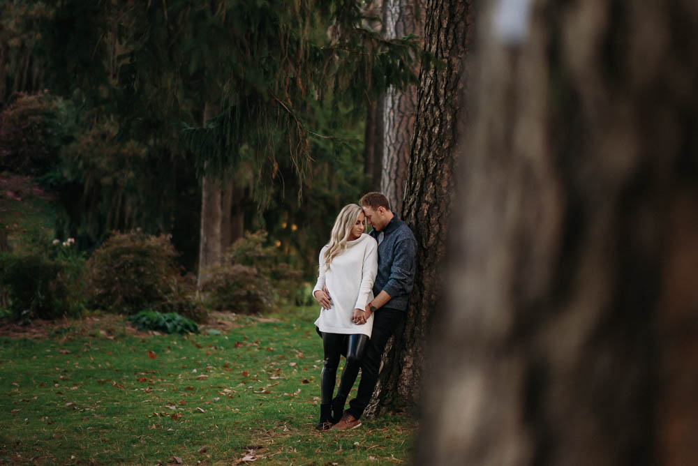 dark and moody engagement session at arboretum