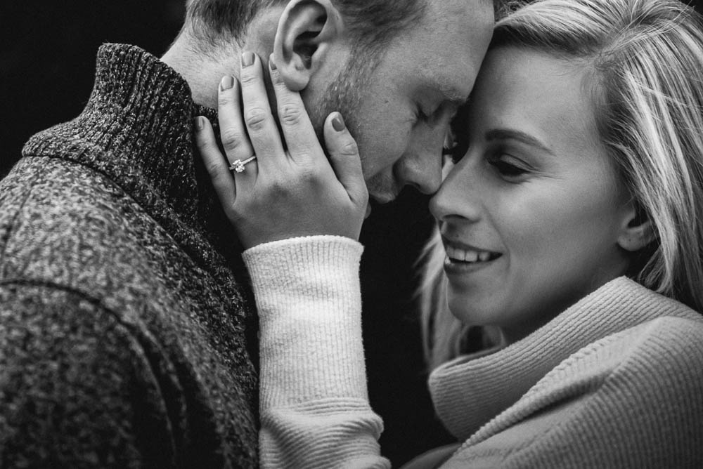 black and white closeup of couple during their engagement session