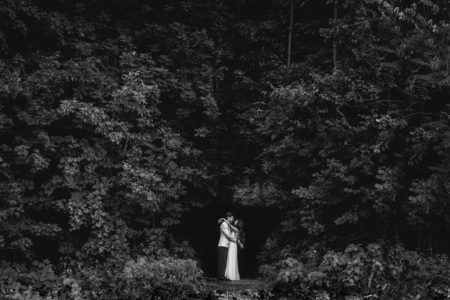 couple hugging in opening of trees during their princess Louise engagement session