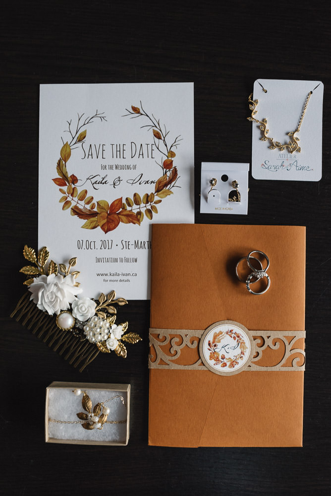 lay flat photo of invitation and bride's jewelry