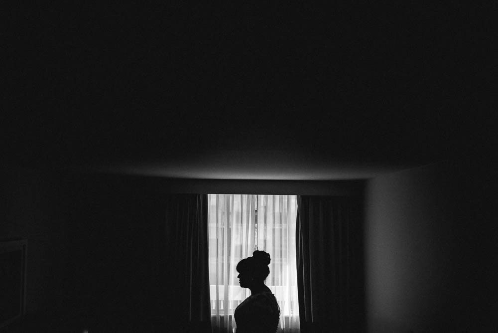 silhouette of bride in hotel